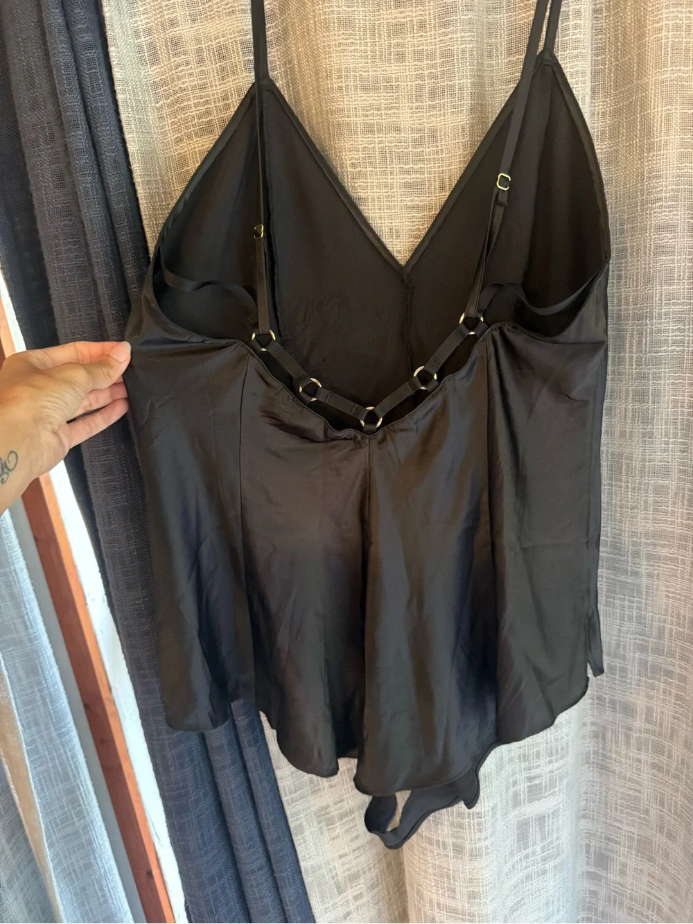 Victoria's Secret Black Satin Teddy with Gold Rings Large NWOT